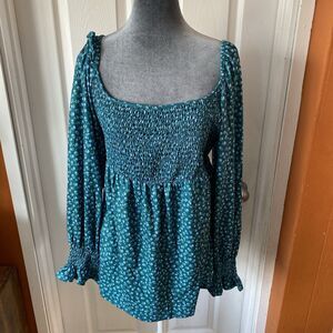 Smocked Square-Neck Peasant Blouse in Teal Floral